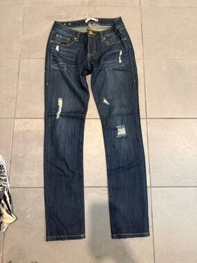 CAbi Dark Blue Distressed Straight Leg Jeans